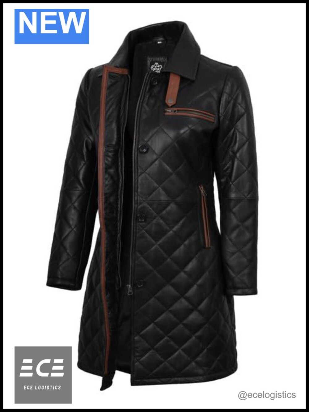 100% Real Lambskin Leather Quilted Car Coat Button Zip Pockets 3/4 Length